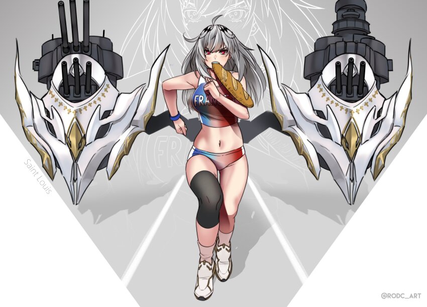 1girl absurdres ahoge artist_name azur_lane baguette bare_shoulders bread character_name commission food food_in_mouth grey_hair highres long_hair navel olympics red_eyes rigging rodc_art running saint-louis_(azur_lane) ship_turret solo stomach white_footwear