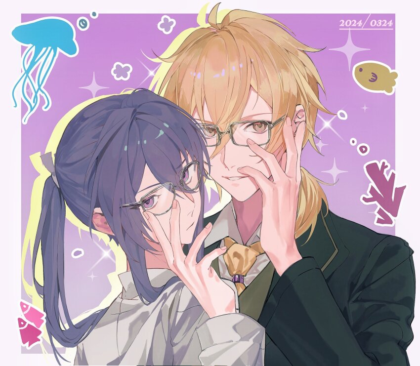 2boys adjusting_eyewear ahoge alternate_costume bespectacled biting_own_lip blonde_hair brown_eyes bubble closed_mouth collared_jacket collared_shirt colored_shadow coral dated drop_shadow ensemble_stars! fish flower_symbol from_behind glasses gradient_background green_jacket green_vest grey-framed_eyewear hair_between_eyes hair_intakes hair_over_shoulder hakaze_kaoru hand_up head_tilt highres jacket jellyfish kanzaki_souma long_hair long_sleeves looking_at_viewer looking_back medium_hair motoyui multiple_boys necktie outline outside_border ponytail purple_background purple_eyes purple_hair raised_eyebrow rectangular_eyewear ru_kosin shadow shirt sidelocks sparkle sparkle_background v-shaped_eyebrows vest white_outline white_shirt wolf_cut yellow_necktie
