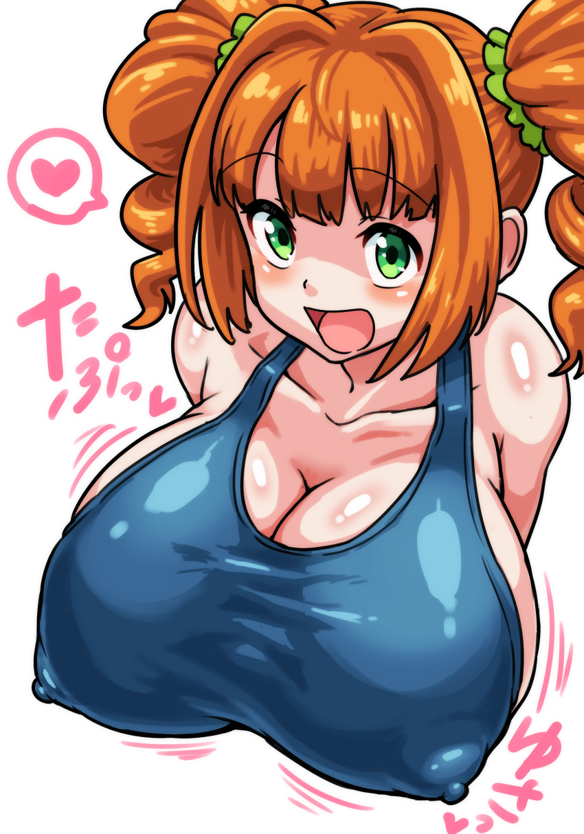 1girl absurdres alternate_breast_size_(larger) breasts collarbone covered_erect_nipples green_eyes gussuripii heart highres huge_breasts idolmaster idolmaster_(classic) looking_at_viewer open_mouth orange_hair school_swimsuit simple_background smile solo spoken_heart swimsuit takatsuki_yayoi twintails white_background