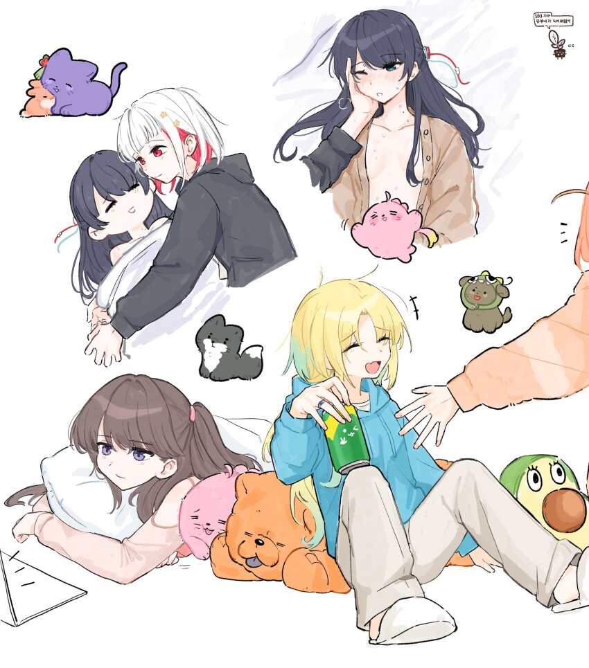 +++ 5girls :3 =_= ^_^ animal_ears anyoji_hime bare_shoulders basil_(wgh0anzdple3asf) black_jacket blue_eyes blue_hair blue_hoodie blue_ribbon blush bob_cut breasts brown_cardigan brown_hair cardigan censored character_censor closed_eyes closed_mouth clothing_cutout collarbone commentary_request computer dog fang fox fujishima_megumi fujishima_megumi_(winter_loungewear) gradient_hair hair_ornament hair_ribbon half_updo hand_on_another&#039;s_cheek hand_on_another&#039;s_face hickey highres hinoshita_kaho hinoshita_kaho_(summer_loungewear) hood hooded_jacket hoodie inverted_bob jacket korean_commentary korean_text laptop link!_like!_love_live! long_hair long_sleeves love_live! lying medium_breasts mole mole_on_neck multicolored_hair multiple_girls murano_sayaka naked_cardigan nose_blush notice_lines novelty_censor on_stomach orange_hair orange_jacket osawa_rurino osawa_rurino_(winter_loungewear) otomune_kozue purple_eyes rabbit_ears red_eyes red_hair red_ribbon ribbon seal_(animal) short_hair shoulder_cutout skin_fang smile star_(symbol) star_hair_ornament streaked_hair stuffed_animal stuffed_avocado stuffed_dog stuffed_toy translation_request two_side_up virtual_youtuber white_background white_hair yugiri_tsuzuri yuri