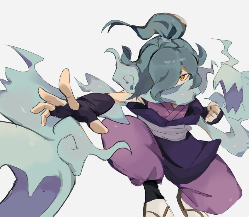 1boy aqua_hair asymmetrical_bangs black_gloves blue_scarf clenched_hand covered_mouth elbow_gloves feet_out_of_frame fingerless_gloves floating_hair gloves hair_flaps hair_over_one_eye hands_up highres kimono_collar knee_up looking_to_the_side male_focus open_hand orochi_(youkai_watch) outstretched_arm pants piyomaru_(hachiyonnxxxx) purple_pants purple_shirt sandals sash scarf shirt sideways_glance simple_background sketch sleeveless sleeveless_shirt socks solo squatting topknot waraji white_background white_sash white_socks yellow_eyes youkai_watch