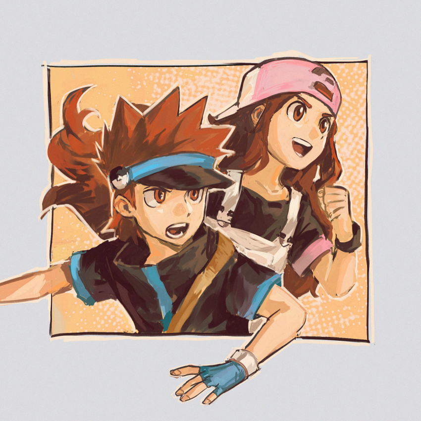 1boy 1girl 2024_pokemon_teraleak baseball_cap black_jacket black_shirt blue_gloves border brown_eyes brown_hair clenched_hand commentary fingerless_gloves gloves go-lurk hat highres hilbert_(pokemon) hilbert_(pokemon)_(winonaparadise) hilda_(pokemon) hilda_(pokemon)_(winonaparadise) jacket long_hair nintendo open_mouth original overalls pink_hat pokemon pokemon_bw shirt short_sleeves sidelocks teeth visor_cap wristband