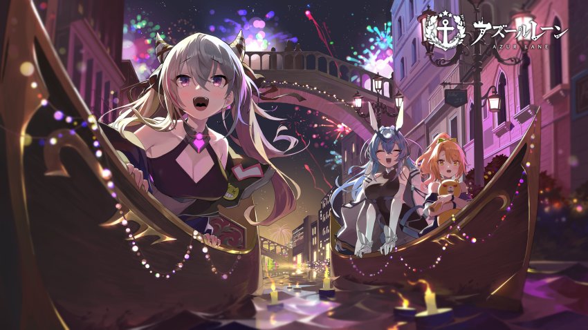3girls absurdres azur_lane bare_shoulders blue_hair breasts bridge bsue candle cleavage cleavage_cutout clothing_cutout elbow_gloves closed_eyes fireworks gloves gondola grey_hair hair_between_eyes headgear highres holding holding_toy large_breasts loading_screen long_hair morrison_(azur_lane) multicolored_hair multiple_girls new_jersey_(azur_lane) official_art open_mouth orange_hair outdoors pink_hair purple_eyes san_francisco_(azur_lane) sleeveless streaked_hair stuffed_toy taut_clothes teeth tongue toy two-tone_hair upper_teeth_only venice white_gloves