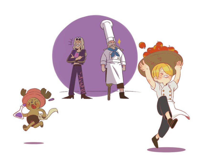 &gt;_&lt; 1girl 3boys antlers apple bad_id bad_twitter_id bandages basket black_footwear blonde_hair blue_scarf chef chef_hat commentary curly_eyebrows dr._kureha english_commentary erlenmeyer_flask flask food fruit hat holding holding_bandages holding_basket horns mulmulgogibbq multiple_boys one_piece panicking pants peg_leg pink_headwear purple_background red-leg_zeff reindeer_antlers running sanji_(one_piece) scarf shoes shorts simple_background sparkle sweatdrop tongue tongue_out tony_tony_chopper white_background