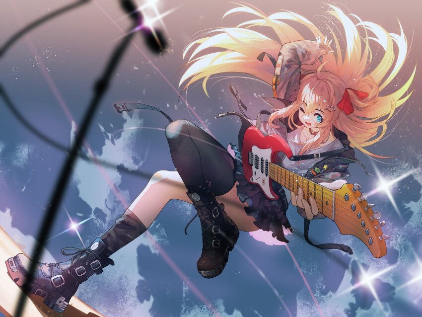 1girl ahoge asymmetrical_legwear belt black_belt black_boots black_collar black_jacket black_skirt black_socks black_thighhighs blue_eyes boots brown_hair collar commentary dutch_angle english_commentary full_body guitar hair_between_eyes hair_ribbon highres holding holding_guitar holding_instrument instrument jacket long_hair long_sleeves looking_at_viewer microphone microphone_stand neuro-sama one_eye_closed open_mouth pleated_skirt red_ribbon ribbon shirt single_sock single_thighhigh skirt socks solo star_button tanziya_(codlxcold) thighhighs turtle_button two_side_up uneven_legwear vedal_ai virtual_youtuber white_shirt