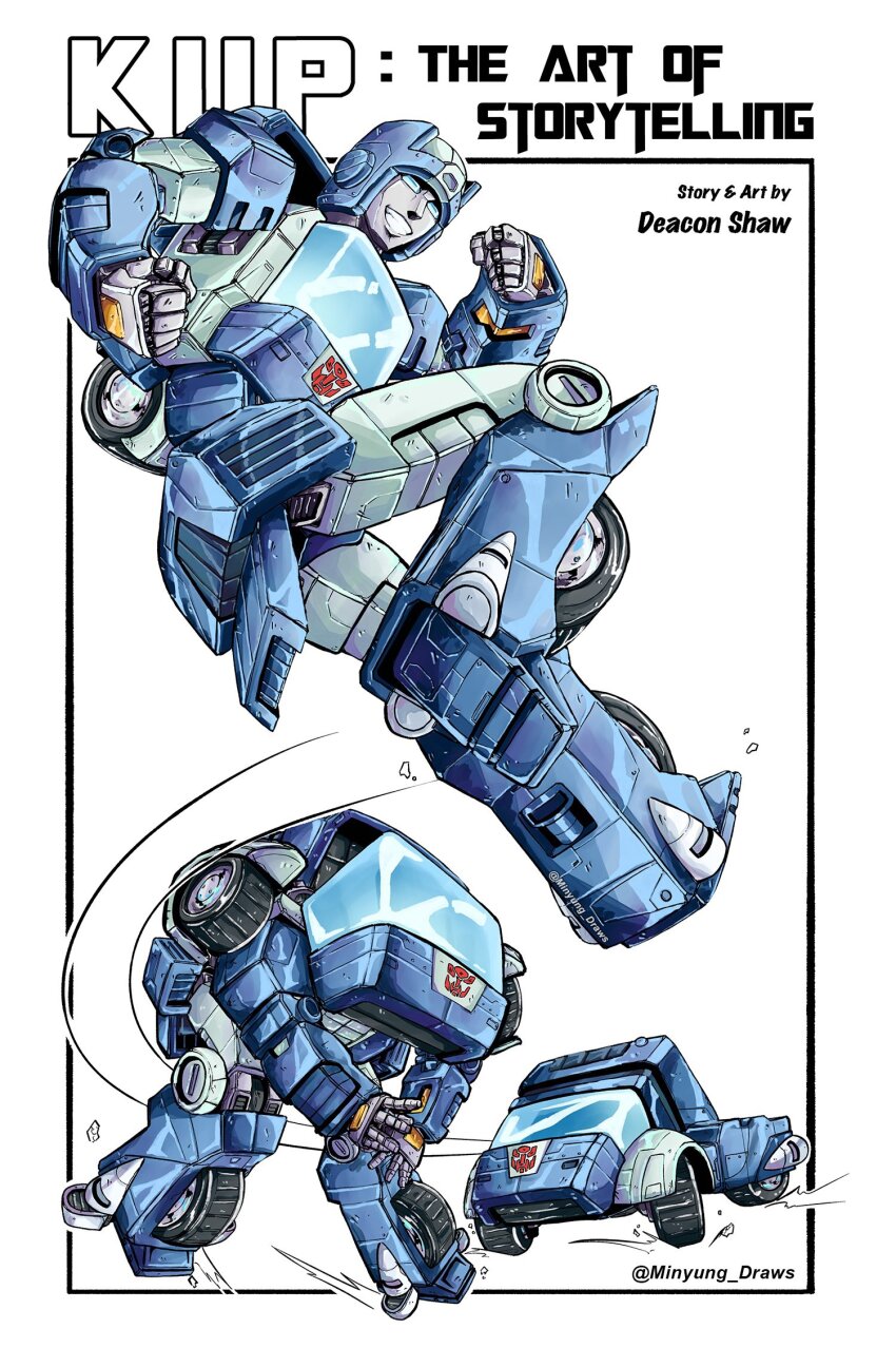 artist_name autobot blue_eyes character_name clenched_hands drifting highres kup_(transformers) looking_at_viewer mecha minyung motor_vehicle no_humans open_hand pickup_truck robot science_fiction smile transformation transformers transformers:_generation_1 truck twitter_username white_background