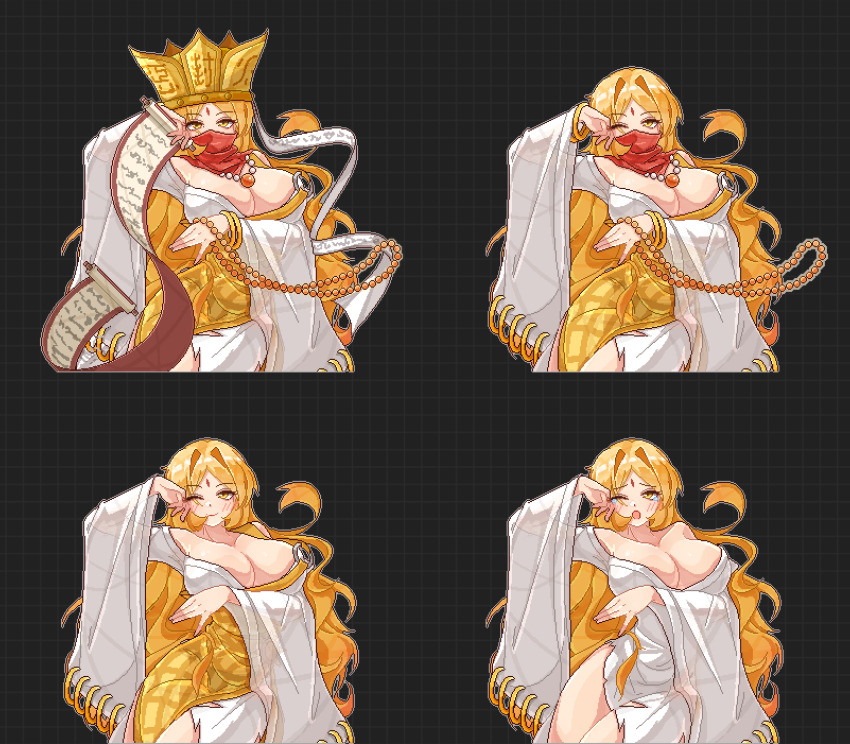 1girl absurdres breasts digimon digimon_(creature) hat highres mask monk multiple_views sanzomon