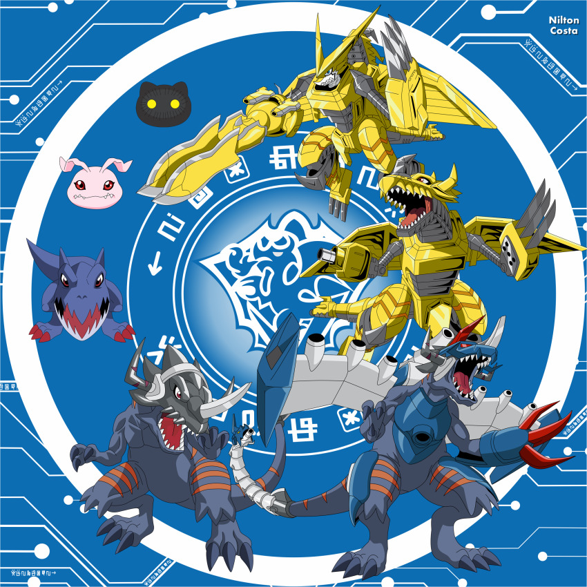 botamon digimon digimon_(creature) evolutionary_line gaossmon greymon_(digimon_xros_wars) highres koromon metalgreymon_(digimon_xros_wars) sharp_teeth shoutmon_dx teeth tongue zekegreymon
