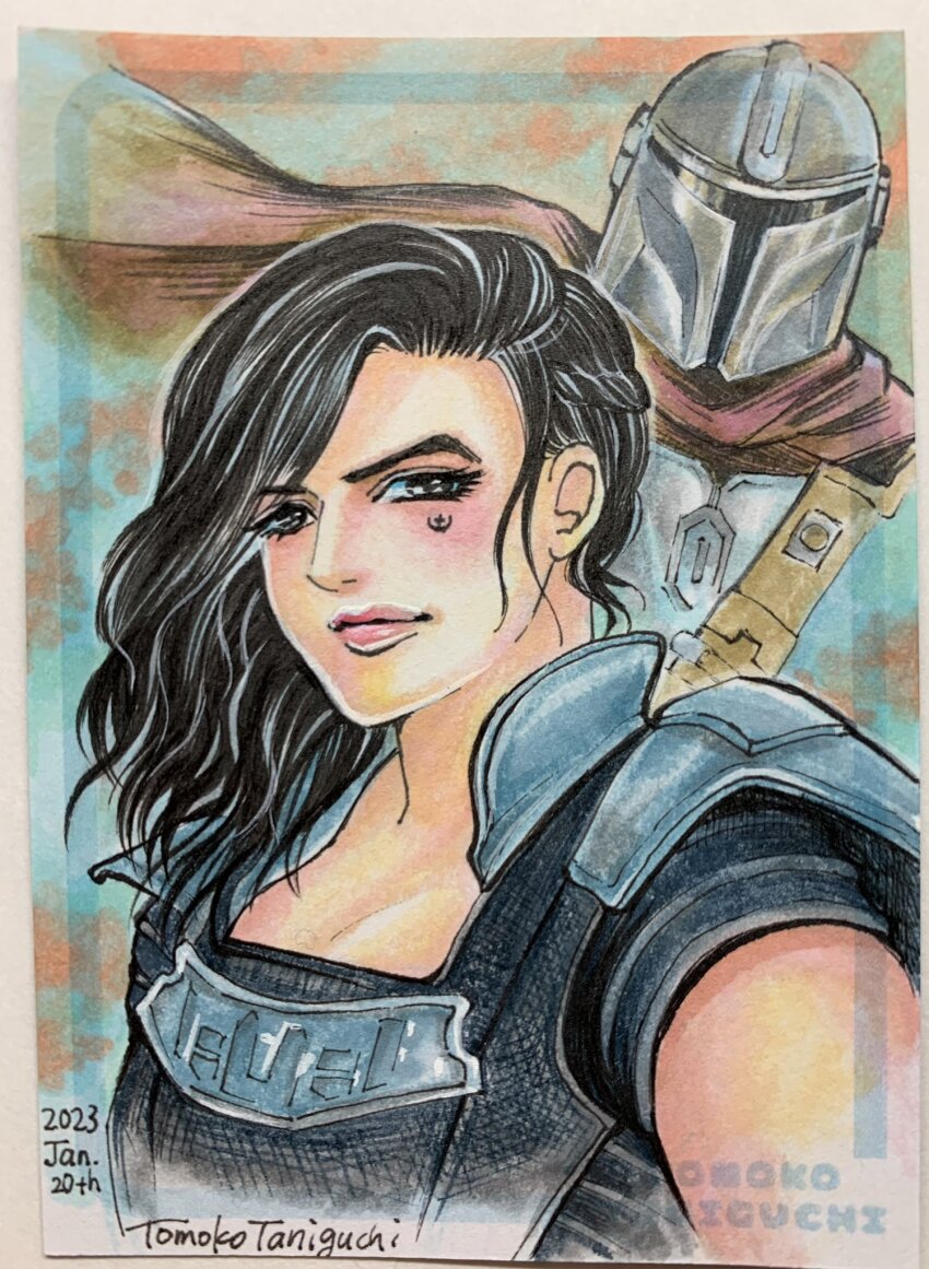 1boy 1girl artist_name black_hair cape cara_dune din_djarin highres long_hair looking_at_viewer mandalorian mandalorian_helmet photo_(medium) red_cape signature star_wars the_mandalorian tomoko_taniguchi traditional_media