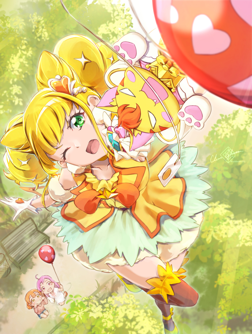 3girls ;d artist_name blonde_hair choker clear_glass_(mildmild1311) commentary_request cone_hair_bun cure_sparkle double_bun earrings eyelashes gloves green_eyes hair_bun hair_ornament happy healin&#039;_good_precure highres hiramitsu_hinata jewelry long_hair looking_at_viewer magical_girl multiple_girls nyatoran_(precure) one_eye_closed open_mouth pom_pom_(clothes) pom_pom_earrings precure signature smile thighhighs thighs twintails twitter_username vest yellow_choker yellow_vest