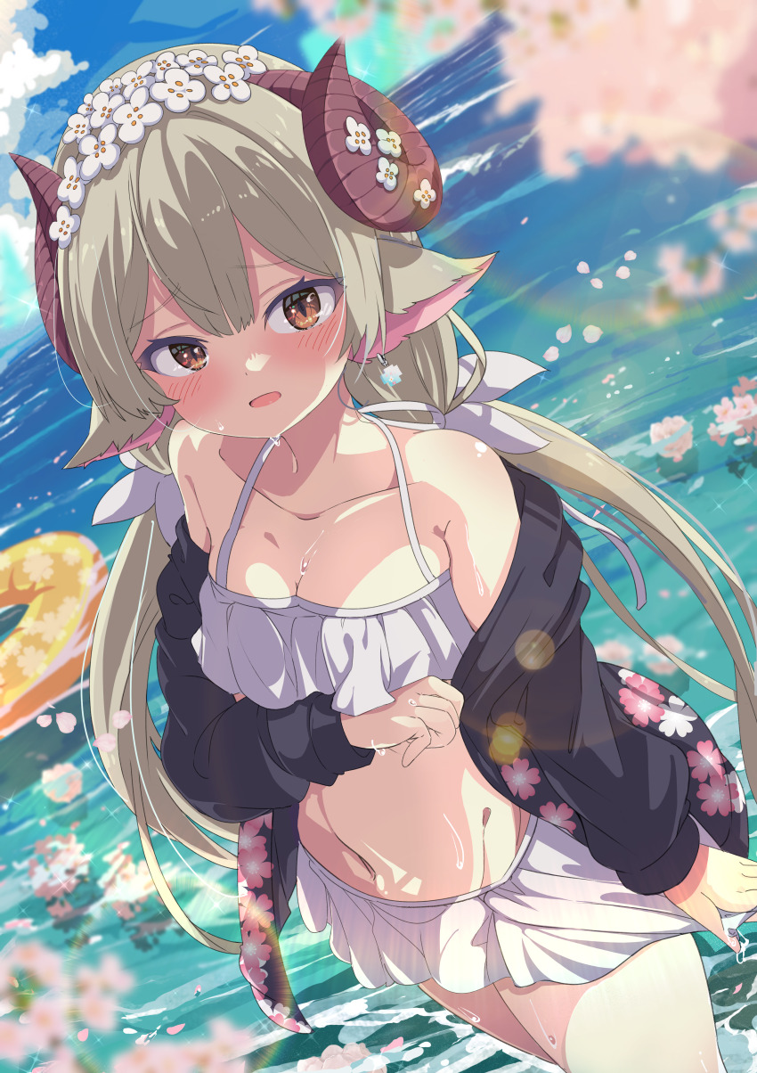 1girl absurdres animal_ears bare_shoulders bikini bikini_skirt black_jacket blonde_hair blue_sky blurry blurry_foreground blush breasts brown_eyes cherry_blossoms cleavage cloud collarbone commission cowboy_shot curled_horns day depth_of_field dutch_angle floral_print flower frilled_bikini frills hair_between_eyes hair_flower hair_ornament hair_ribbon halterneck head_wreath highres holding holding_swim_ring horizon horns innertube jacket lens_flare long_hair long_sleeves looking_at_viewer low_twintails navel ocean off_shoulder open_clothes open_jacket open_mouth original outdoors petals pink_flower print_bikini raised_eyebrows ribbon sheep_ears sheep_girl sheep_horns shiro9jira sidelocks skeb_commission sky small_breasts solo standing stomach swim_ring swimsuit tsunomaki_watame twintails very_long_hair wading water wet white_bikini white_flower white_ribbon yellow_eyes