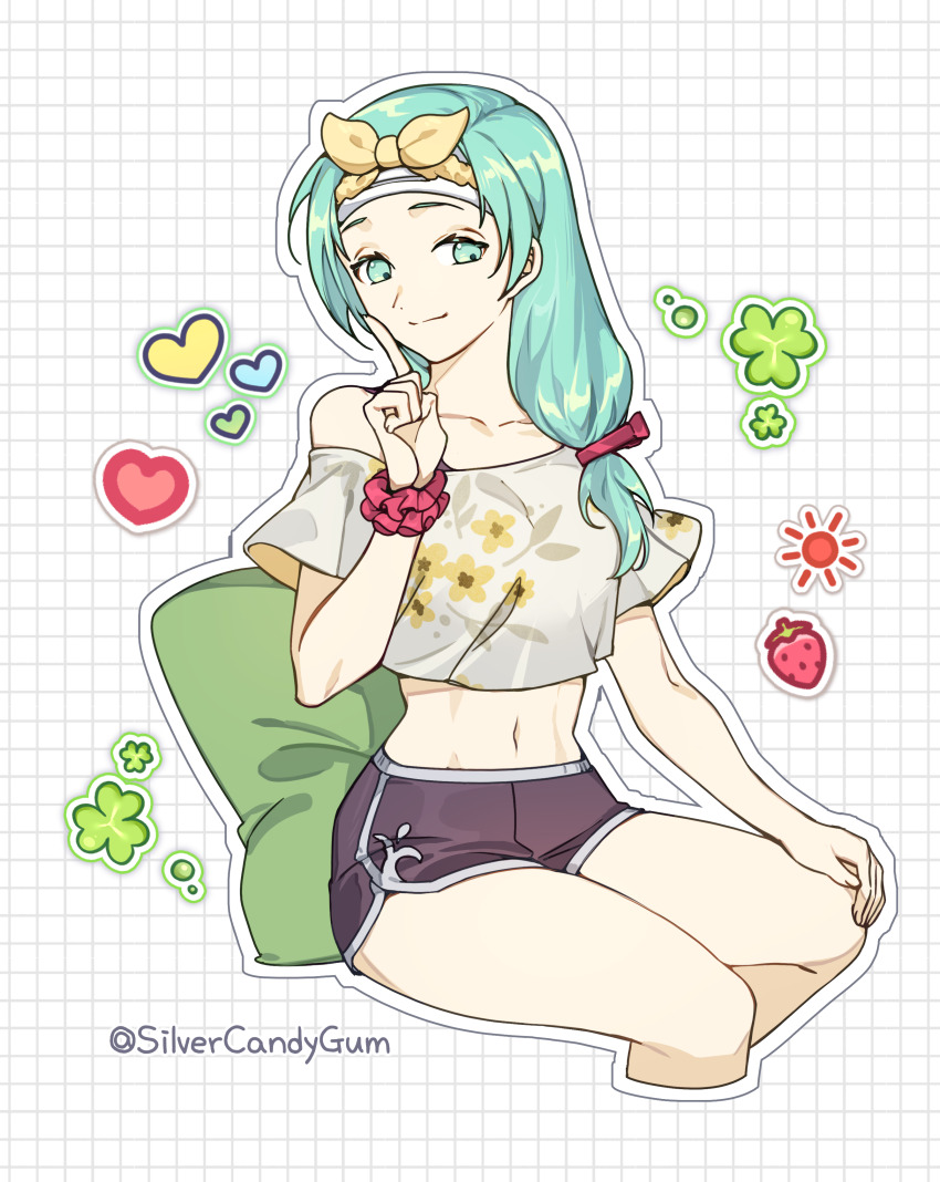 1girl absurdres alternate_costume aqua_eyes aqua_hair collarbone commentary commission contemporary cropped_legs english_commentary fire_emblem fire_emblem:_path_of_radiance floral_print highres long_hair low-tied_long_hair midriff navel nintendo off-shoulder_shirt off_shoulder pixiv_commission print_shirt shirt short_shorts shorts sigrun_(fire_emblem) silvercandy_gum sitting solo twitter_username