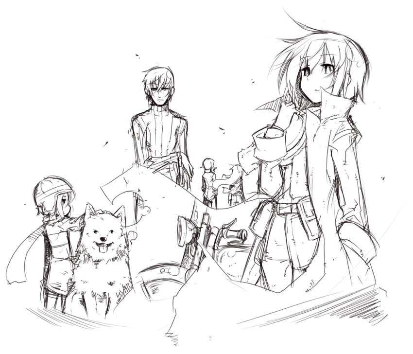 00s androgynous animal artist_request child dog gender_request hat hermes_(kino_no_tabi) kino_(kino_no_tabi) kino_no_tabi long_coat long_hair master_(kino_no_tabi) monochrome motor_vehicle motorad motorcycle partner_(kino_no_tabi) pouch_bags riku_(kino_no_tabi) scarf shizu_(kino_no_tabi) short_hair tagme tea_(kino_no_tabi) vehicle white_background