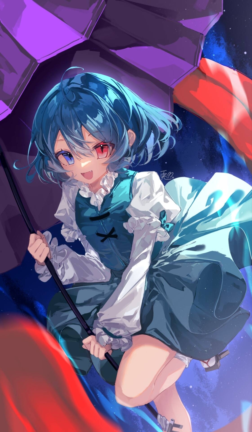 1girl :d blue_hair blue_skirt blue_vest commentary fang geta hair_between_eyes heterochromia highres holding holding_umbrella juliet_sleeves karakasa_obake long_sleeves open_mouth puffy_sleeves purple_umbrella red_hair ringo_no_usagi short_hair signature skin_fang skirt smile socks solo standing standing_on_one_leg tatara_kogasa tongue touhou umbrella vest white_socks