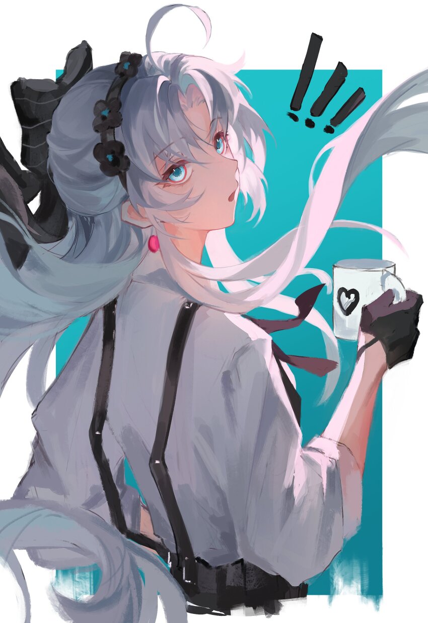 ! !! 1girl absurdres alternate_costume black_bow black_gloves black_hairband black_suspenders blue_eyes bow carlotta_(wuthering_waves) coffee_mug commentary cup earrings elyzerda floating_hair from_behind gloves hair_bow hairband highres holding holding_cup jewelry long_hair looking_at_viewer mug shirt sketch solo very_long_hair white_hair white_shirt wuthering_waves