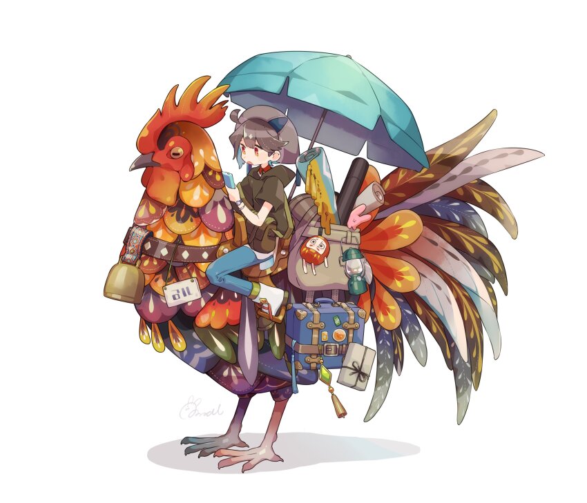 1other absurdres androgynous animal aqua_umbrella bag bell bird black_hoodie blue_pants boots bright_pupils brown_bag brown_hair chicken commentary_request cowlick cylinder daruma_doll dot_nose fringe_trim grey_headwear hand_up highres holding hood hood_down hoodie kerosene_lamp looking_at_object messenger_bag no_sclera open_mouth orange_eyes original oversized_animal package pants paper riding riding_animal rolled_up rooster rug short_hair short_sleeves shoulder_bag signature simple_background solo sorata123 sticker stirrups_(riding) suitcase tassel umbrella watch white_background white_boots white_pupils wristwatch