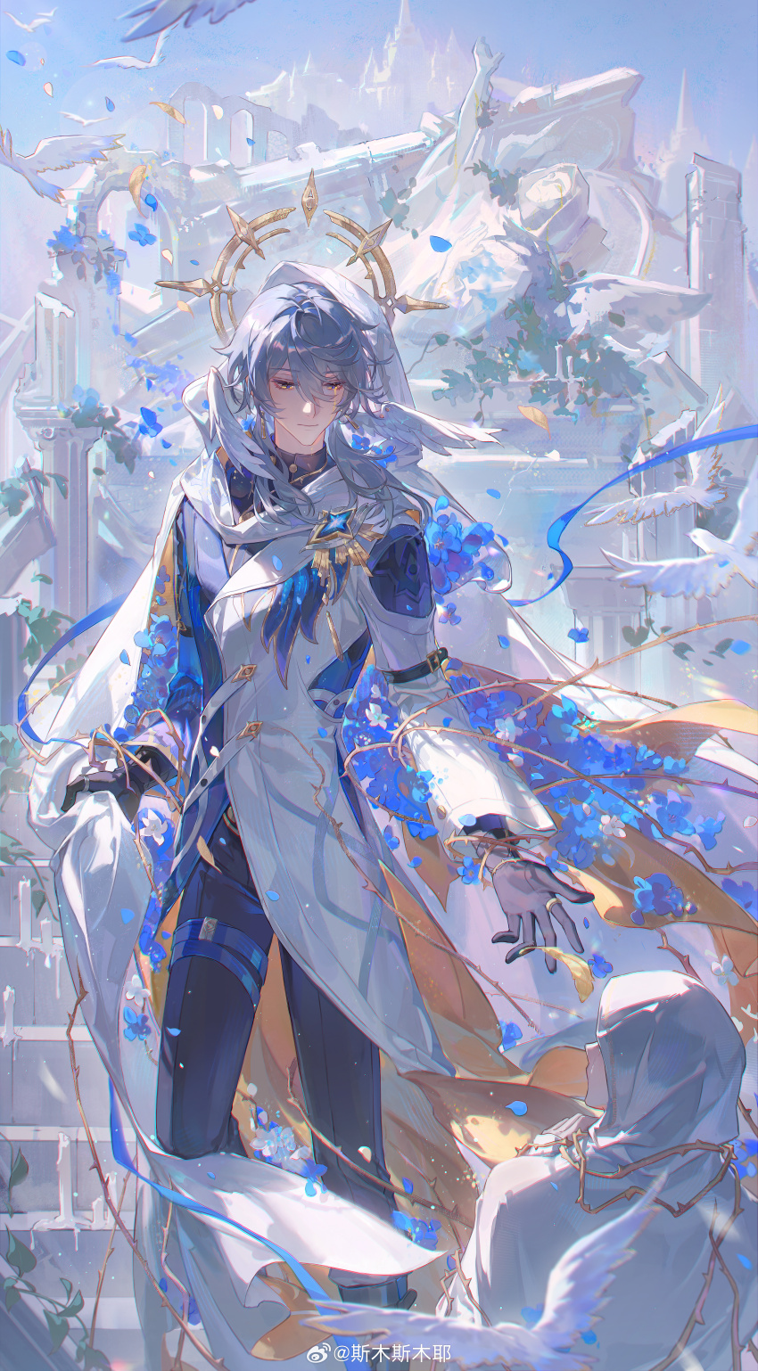 1boy absurdres angel_wings arm_belt bare_shoulders belt belt_buckle bird black_belt black_boots black_gloves black_pants black_shirt blue_belt blue_coat blue_flower blue_ribbon boots bracelet brooch buckle cape_hold castle chinese_commentary closed_mouth coat commentary_request day dove feathered_wings feet_out_of_frame floating_clothes floating_hair flower gloves gold_bracelet gold_buckle grey_hair hair_between_eyes hair_intakes halo halo_behind_head head_wings highres honkai:_star_rail honkai_(series) jewelry knee_boots light_smile long_sleeves looking_at_viewer male_focus multiple_belts open_belt outdoors outstretched_hand pants petals pillar ribbon robe robe_partially_removed rose ruins shirt shoe_belt short_hair short_hair_with_long_locks smusmuye solo stairs standing statue sunday_(honkai:_star_rail) sweater thigh_belt thigh_strap turtleneck turtleneck_sweater white_belt white_robe white_wings wide_sleeves wind wings wrist_belt yellow_eyes