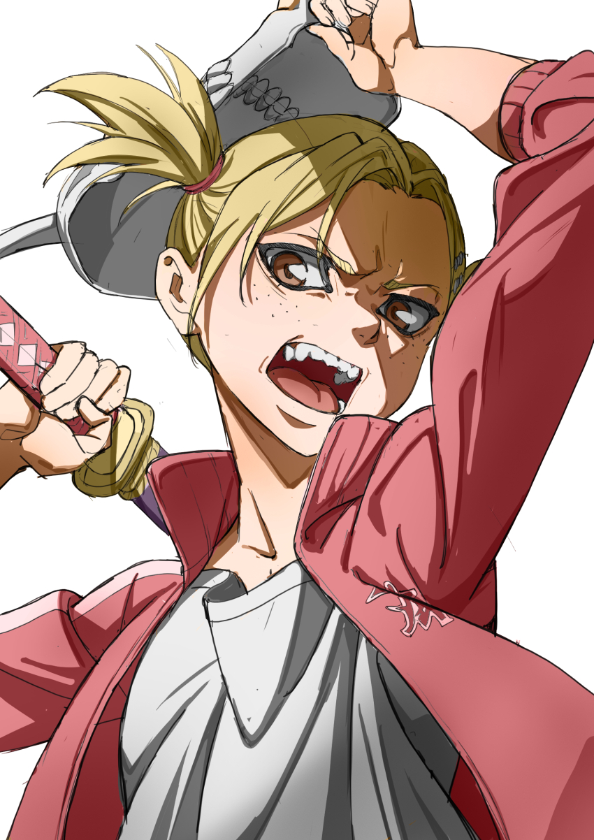 1girl angry bleach blonde_hair brown_eyes clothes_writing fang freckles furrowed_brow hand_on_weapon highres hollow_mask jacket looking_at_viewer open_clothes open_jacket open_mouth red_jacket red_track_suit sarugaki_hiyori shirt short_hair short_twintails simple_background solo sword sword_on_back takayuki_azuma teeth tongue track_suit twintails visored weapon weapon_on_back white_background white_shirt zanpakutou