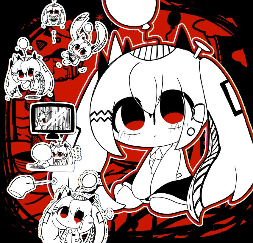 ... 1girl agpgwm akairo_ushiro_(vocaloid) arms_between_legs arms_up arrow_(symbol) balloon bare_arms bare_legs bare_shoulders barefoot black_border blood blood_on_face blush border chibi chibi_only closed_mouth collared_shirt commentary_request computer computer_keyboard disembodied_hand expressionless falling floating full_body hair_between_eyes hatsune_miku highres holding holding_needle long_hair looking_up miniskirt multiple_views nail_(hardware) necktie needle outline outside_border pepoyo_(style) red_background red_eyes shirt simple_background sitting skirt sparkle spoken_ellipsis spot_color twintails v_arms very_long_hair vocaloid wariza white_outline