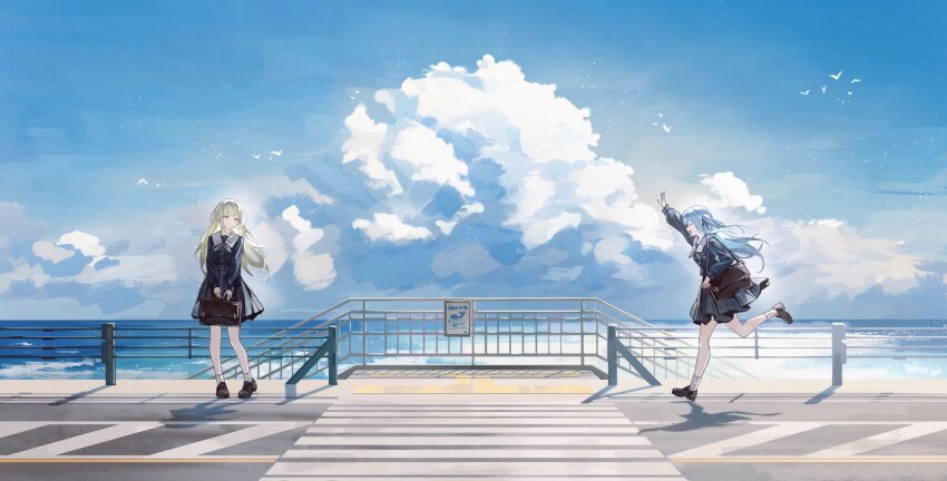 2girls arm_up bag bang_dream! bang_dream!_it&#039;s_mygo!!!!! blue_hair blue_shirt blue_skirt brown_bag closed_eyes cloud commentary crosswalk cumulonimbus_cloud day english_commentary green_hair grey_neckerchief highres kamakura_(city) long_hair long_sleeves multiple_girls neckerchief ocean open_mouth outdoors plaid_clothes plaid_skirt pleated_skirt road running school_bag school_uniform shirt shoulder_bag sidelocks skirt sky togawa_sakiko tsukinomori_school_uniform two_side_up umie_(iowae) wakaba_mutsumi yellow_eyes