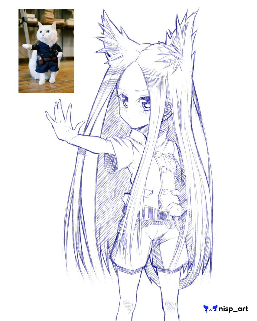 1girl absurdres animal_ears artist_logo artist_name belt breast_pocket buttons cat closed_mouth collared_shirt facing_away feet_out_of_frame hand_on_own_hip highres logo long_hair long_sidelocks nisp_art original outstretched_hand parted_hair pen_(medium) pocket police police_uniform reference_inset russian_commentary shirt shirt_tucked_in short_sleeves shorts sidelocks simple_background solo standing tail traditional_media very_long_hair white_background ||/