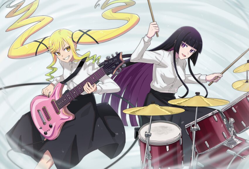2girls aoki_shizumi black_hair black_skirt blonde_hair blunt_bangs blunt_ends breasts bright_pupils cable colored_inner_hair commentary_request dress_shirt drill_hair drill_sidelocks drum drum_set drumsticks electric_guitar feet_out_of_frame floating_hair gradient_hair green_hair grin guitar highres holding holding_drumsticks holding_guitar holding_instrument instrument kurogane_otoha long_hair long_skirt long_sleeves looking_at_another medium_breasts multicolored_hair multiple_girls music open_mouth playing_instrument purple_eyes purple_hair rock_wa_lady_no_tashinami_deshite shirt sidelocks skirt smile standing suzunomiya_lilisa twintails two-tone_hair v-shaped_eyebrows very_long_hair white_pupils white_shirt yellow_eyes