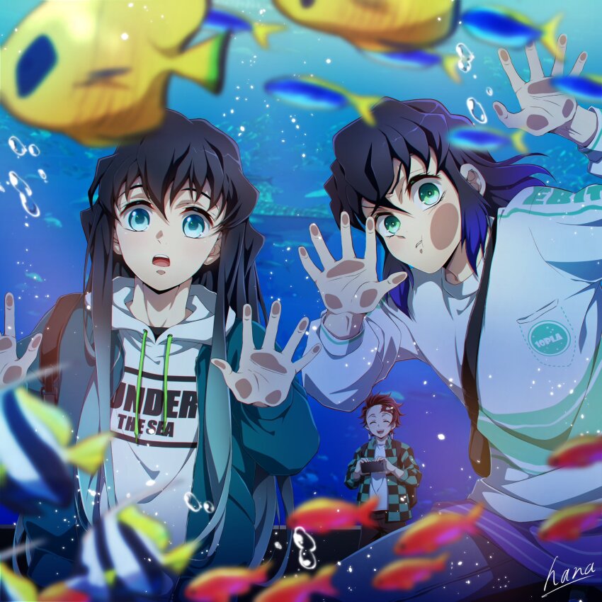 3boys alternate_costume aqua_eyes aqua_jacket aquarium black_hair blue_hair checkered_clothes checkered_jacket closed_eyes earrings fish gradient_hair green_eyes hana_ni_nare hashibira_inosuke highres hood hoodie jacket jewelry kamado_tanjirou kimetsu_no_yaiba long_hair long_sleeves male_focus multicolored_hair multiple_boys open_mouth scar scar_on_face scar_on_forehead shirt smile tokitou_muichirou two-tone_hair white_hoodie white_shirt