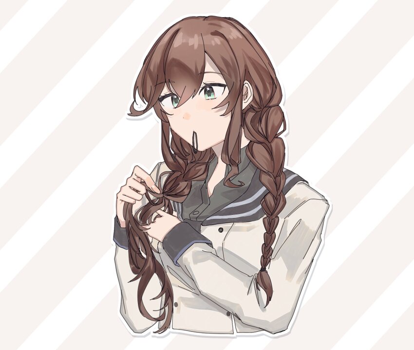 1girl adjusting_hair black_sailor_collar black_shirt braid brown_hair cropped_torso diagonal-striped_background green_eyes grey_jacket hair_between_eyes hair_over_shoulder hair_tie_in_mouth highres jacket kabe_(inunufuwafuwa) kantai_collection long_hair long_sleeves mouth_hold noshiro_(kancolle) noshiro_kai_ni_(kancolle) sailor_collar shirt simple_background solo striped_background twin_braids upper_body