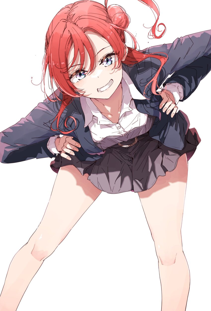 1girl bent_over black_jacket blue_eyes breasts collarbone collared_shirt commentary dress dress_shirt grey_dress grin hair_bun hands_on_own_hips highres jacket long_sleeves love_live! love_live!_superstar!! medium_breasts nyoijizai open_clothes open_collar open_jacket red_hair school_uniform shirt short_dress short_hair_with_long_locks simple_background single_side_bun smile solo white_background white_shirt winter_uniform yoneme_mei yuigaoka_school_uniform