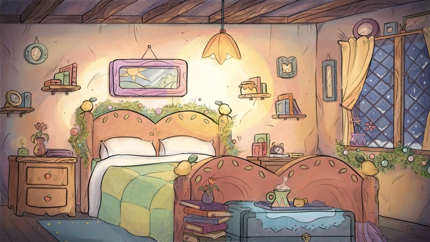 absurdres alarm_clock bed blanket book book_stack bookshelf ceiling clock container curtains flower highres indoors interior lamp nightstand original picture_frame pillow plant potted_plant rug scenery snow snowing steam table tinsel vase window wooden_floor yusra