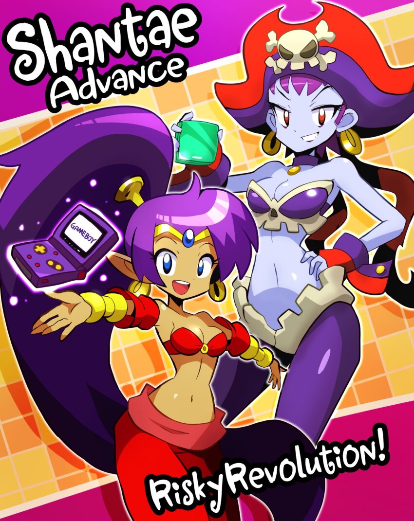 2girls breasts dark-skinned_female dark_skin game_boy_advance_sp handheld_game_console hat highres long_hair medium_breasts multiple_girls pants pirate_hat pointy_ears ponytail purple_hair red_eyes risky_boots sakurajyousui_nami shantae shantae_(series) shantae_advance:_risky&#039;s_revolution short_hair very_long_hair
