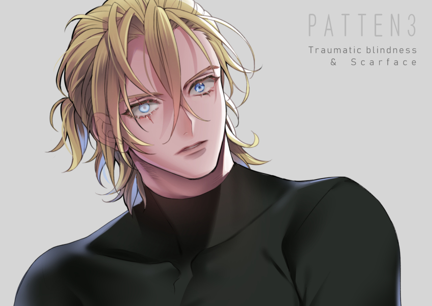 black_shirt blonde_hair blue_eyes commentary compression_shirt dimitri_alexandre_blaiddyd dimitri_alexandre_blaiddyd_(timeskip) english_text eye_injury fire_emblem fire_emblem:_three_houses hair_between_eyes head_tilt highres kkuonn19 looking_at_viewer male_focus nintendo parted_lips partially_blind ponytail scar scar_across_eye scar_on_face shirt short_ponytail simple_background upper_body