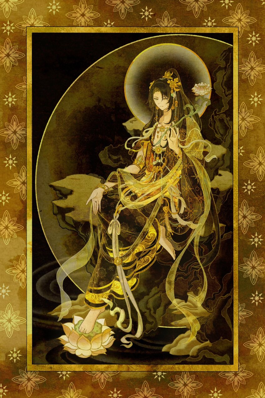 1boy armlet barefoot black_background black_hair black_robe bracelet closed_mouth earrings fine_art_parody flower full_body gold_armlet gold_border gold_earrings half_updo high_ponytail highres jewelry jinhongi long_hair looking_down lotus lotus_pod male_focus mman_moon necklace on_rock parody ponytail robe sitting solo yellow_eyes zaha