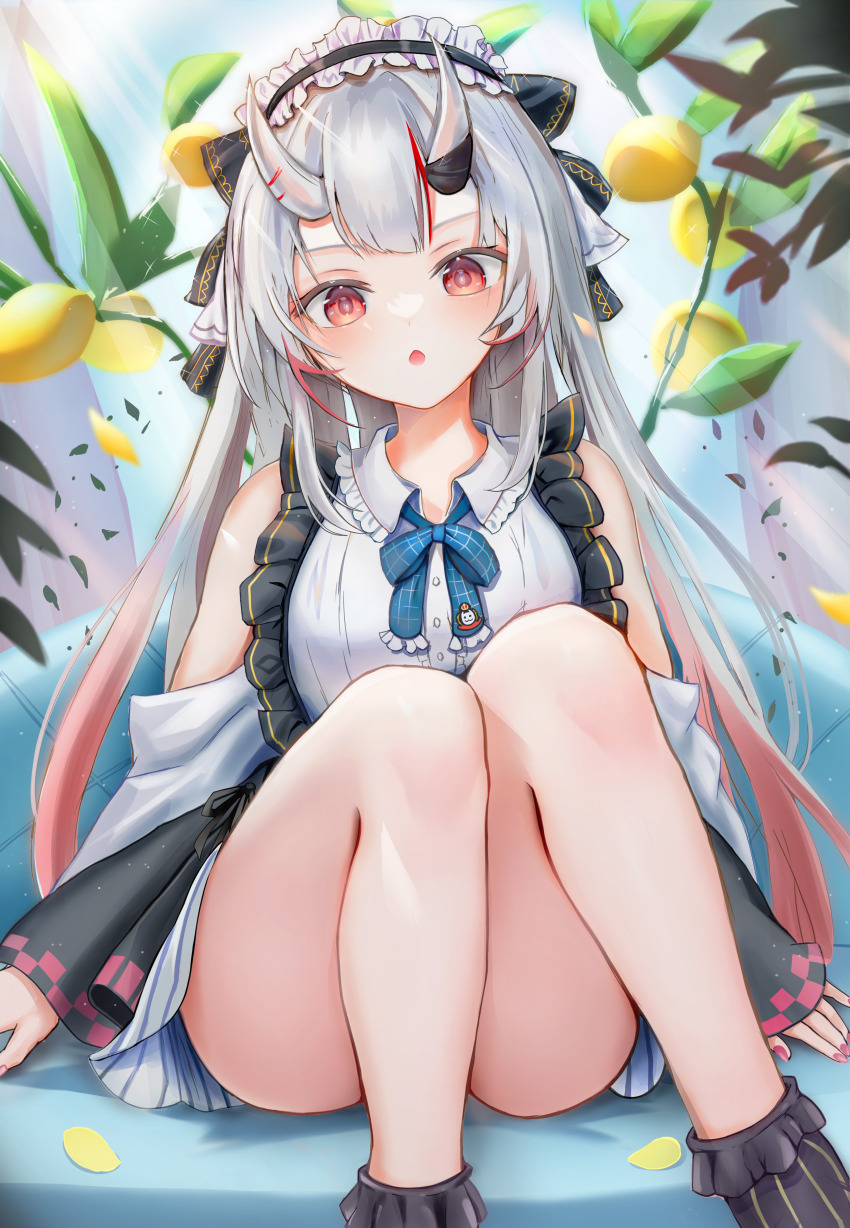 1girl absurdres center_frills chestnut_mouth clothing_cutout frilled_shirt_collar frills gradient_hair grey_hair hair_between_horns hairband highres hololive lolita_hairband long_hair looking_at_viewer multicolored_hair nakiri_ayame nakiri_ayame_(girly) oni open_mouth pinstripe_pattern pinstripe_skirt plaid_ribbon red_eyes red_hair ribbon shirt shoulder_cutout sitting solo streaked_hair tk@illustration virtual_youtuber white_shirt