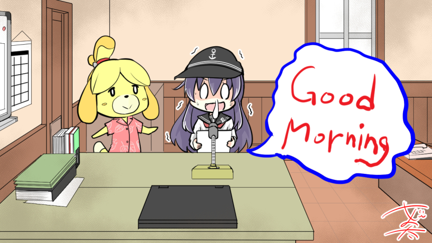 0_0 2girls akatsuki_(kancolle) anchor_symbol animal_crossing black_hair black_headwear blush_stickers book calendar_(object) commentary computer dog_girl flat_cap furry furry_female hat holding holding_paper ichininmae_no_lady indoors isabelle_(animal_crossing) kantai_collection laptop microphone multiple_girls neckerchief nervous nervous_sweating nintendo nyonyonba_tarou open_mouth paper phone pink_shirt red_neckerchief sailor_collar shaded_face shirt signature snot snot_trail speech_bubble sweat sweatdrop trembling white_shirt whiteboard window