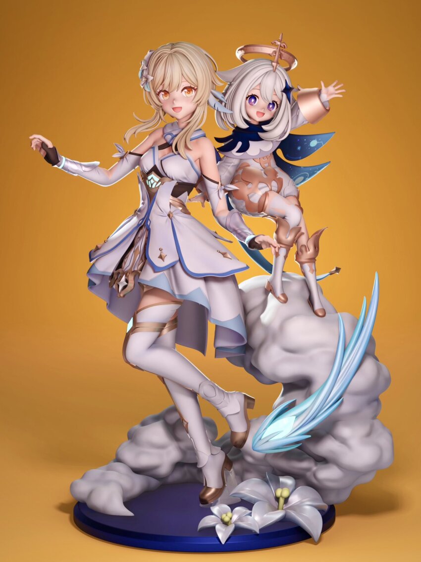 2girls blonde_hair genshin_impact highres lumine_(genshin_impact) multiple_girls orange_background paimon_(genshin_impact) purple_eyes zbrush_(medium)
