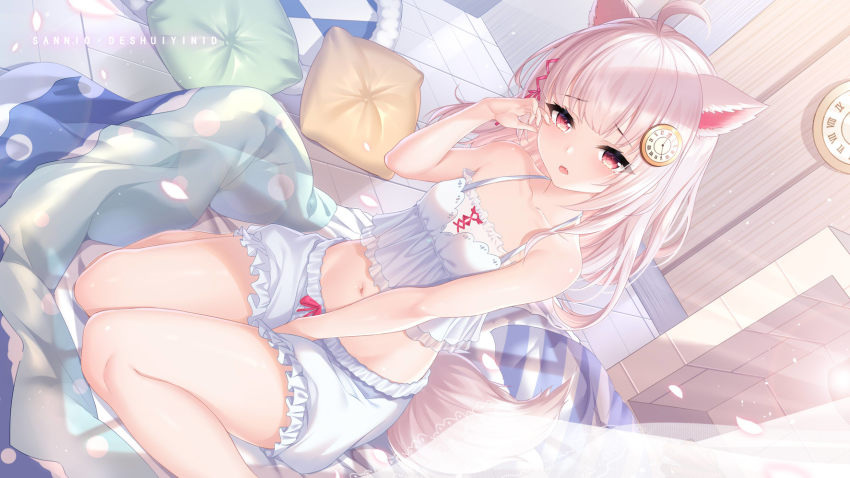 1girl ahoge animal_ears bare_arms bare_legs bare_shoulders bloomers camisole character_request copyright_request crop_top dutch_angle foot_out_of_frame fox_ears halterneck hand_up highres indoors long_hair looking_at_viewer midriff navel parted_lips pillow pink_eyes sannio silver_hair sitting solo stomach thighs underwear wariza white_bloomers