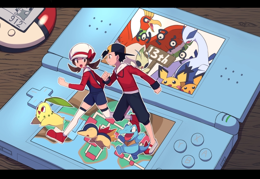 1boy 1girl backwards_hat baseball_cap black_hair black_headwear black_pants blue_overalls bow brown_eyes brown_hair cabbie_hat celebi chikorita clenched_hands closed_mouth commentary_request cyndaquil ethan_(pokemon) gen_1_pokemon gen_2_pokemon handheld_game_console hat hat_bow highres ho-oh jacket legendary_pokemon letterboxed long_hair long_sleeves lugia lyra_(pokemon) mythical_pokemon nintendo nintendo_ds outline overalls pants pichu pikachu pokemon pokemon_(creature) pokemon_hgss pokewalker red_bow red_footwear red_jacket red_shirt shirt shoes short_hair thighhighs totodile twintails tyako_089 unown white_headwear