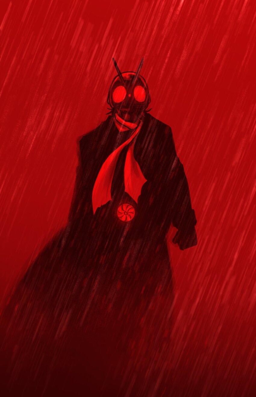 1boy antennae batman_(series) bioniclechicken commentary dc_comics english_commentary gloves helmet highres kamen_rider kamen_rider_1 kamen_rider_1_(shin) limited_palette male_focus poster_parody red_eyes red_scarf scarf shin_kamen_rider solo the_batman_(2022) tokusatsu typhoon_(kamen_rider)