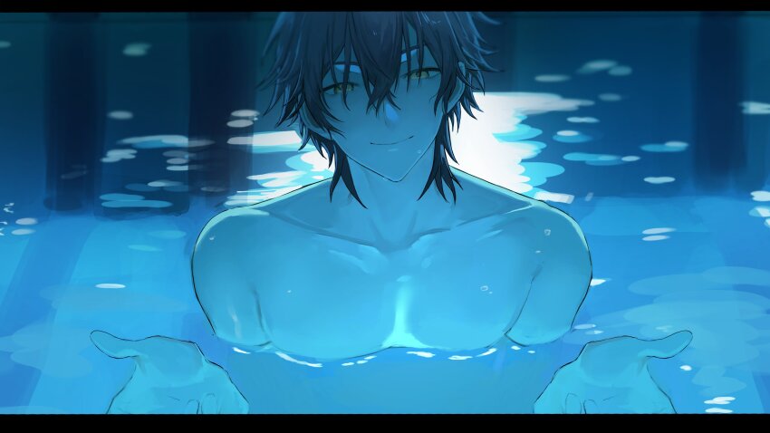 1boy absurdres closed_mouth collarbone grey_hair hair_between_eyes highres i&#039;ll_teach_you_everything_(chainsaw_man) letterboxed looking_at_viewer male_focus nijisanji nijisanji_en nude partially_submerged ryoma_barrenwort scene_reference short_hair smile solo virtual_youtuber wet xhkkal yellow_eyes