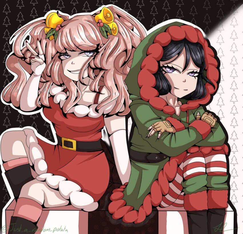 2girls artist_name bell belt belt_buckle black_background black_belt black_footwear black_hair blonde_hair blue_eyes breasts buckle christmas christmas_tree_print closed_mouth collarbone crossed_arms danganronpa:_trigger_happy_havoc danganronpa_(series) dress enoshima_junko eyebrows fingerless_gloves fingernails freckles fur_trim gloves green_hoodie hair_bell hair_between_eyes hair_ornament hand_up highres hood hoodie ikusaba_mukuro just_a_random_potata knee_up large_breasts leggings long_hair looking_at_viewer multiple_girls open_mouth purple_eyes red_leggings red_trim santa_costume santa_dress siblings signature simple_background sisters sitting smile striped_leggings teeth twins twintails very_long_hair white_background white_leggings