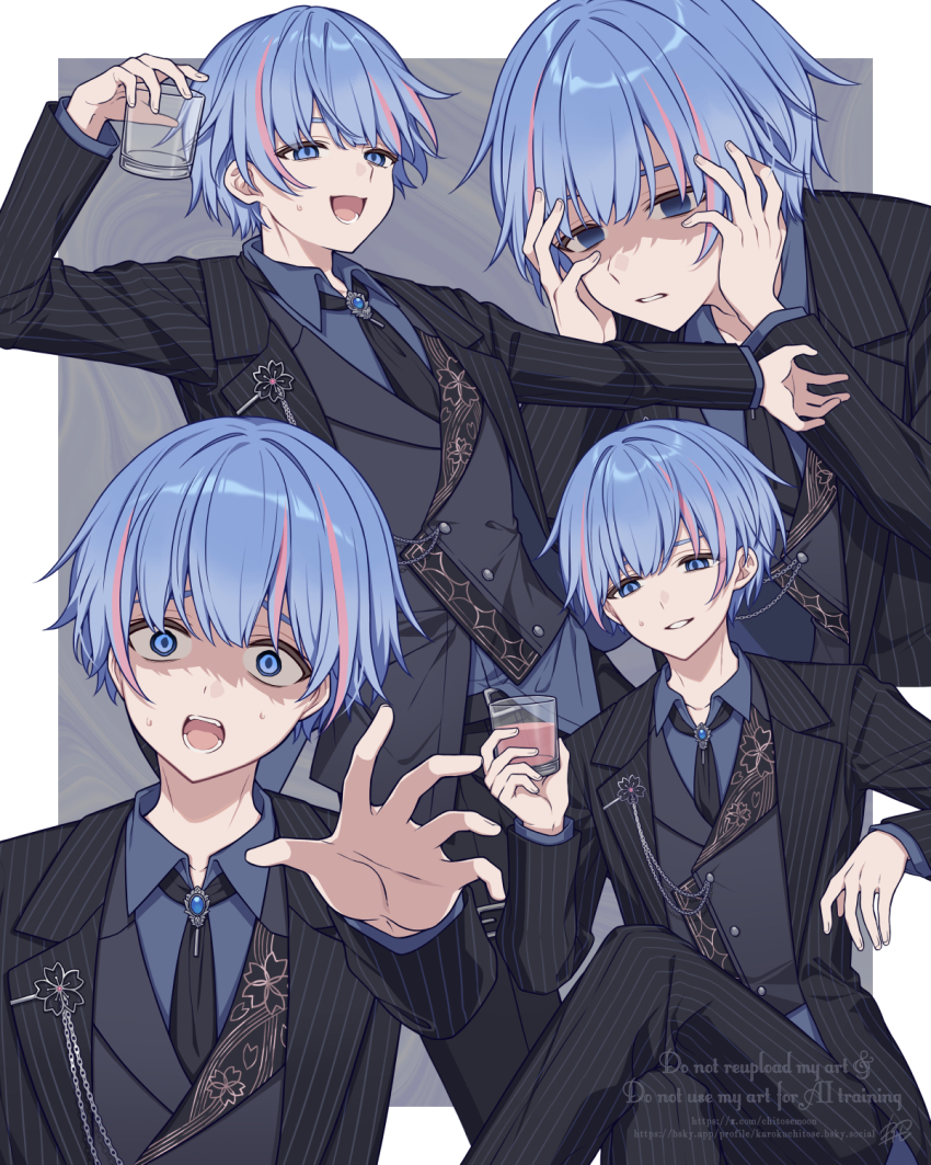 :d aoi_sakura_(japanese_vtuber) black_jacket black_pants blue_eyes blue_hair blue_shirt closed_mouth collared_shirt crossed_legs cup drinking_glass empty_eyes english_text grey_vest hand_up hands_up highres holding holding_cup indie_virtual_youtuber jacket karokuchitose multicolored_hair multiple_views nervous_smile official_art open_clothes open_jacket open_mouth pants pink_hair pinstripe_jacket pinstripe_pants pinstripe_pattern shirt sitting small_sweatdrop smile streaked_hair sweat vest watermark wide-eyed
