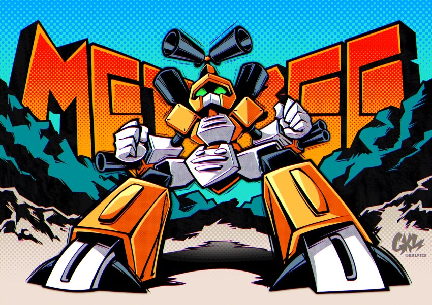 1boy absurdres arm_cannon armor artist_logo character_name clenched_hands full_body green_eyes gxlpics helmet highres humanoid_robot logo medarot metabee robot solo twitter_username weapon yellow_armor yellow_helmet