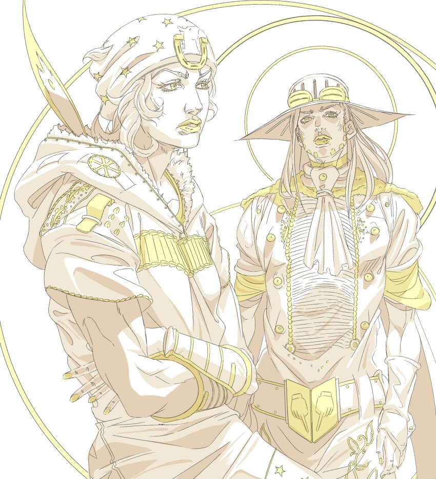 2boys absurdres alternate_costume araki_hirohiko_(style) ascot beanie beard belt bridal_gauntlets cowboy_hat cowboy_shot facial_hair feathers goggles goggles_on_headwear grandguerrilla gyro_zeppeli hat highres hood hoodie horseshoe_hat_ornament johnny_joestar jojo_no_kimyou_na_bouken limited_palette long_hair male_focus medium_hair multiple_boys official_alternate_costume partially_colored short_sleeves star_(symbol) star_print steel_ball_run wristband