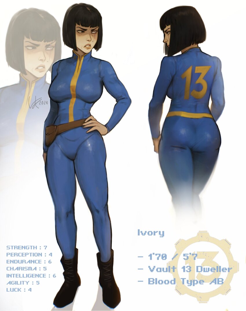 1girl 2024 ass belt black_eyes black_footwear blood_type blue_bodysuit blunt_bangs blunt_ends bob_cut bodysuit boots breasts brown_belt character_name character_profile commentary english_commentary fallout fallout_1 from_behind full_body hand_on_own_hip height highres large_breasts looking_to_the_side mole mole_on_cheek multiple_views partially_blind pink_lips profile scar scar_across_eye scar_on_face scowl signature simple_background stats teeth vankraut vault_dweller vault_suit white_background zoom_layer