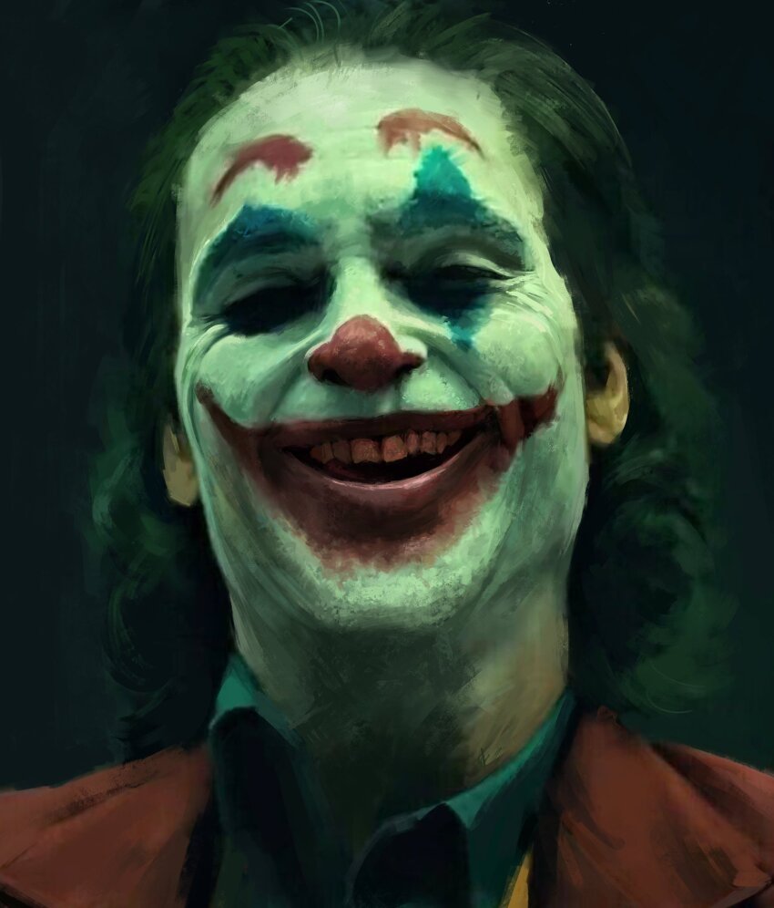1boy arthur_fleck batman_(series) card coat collared_shirt dc_comics green_eyes green_shirt highres joaquin_phoenix joker joker_(2019) looking_at_viewer male_focus medium_hair partially_shaded_face photorealistic playing_card portrait realistic red_coat shirt shoichi_sugano smile solo teeth the_joker upper_teeth_only