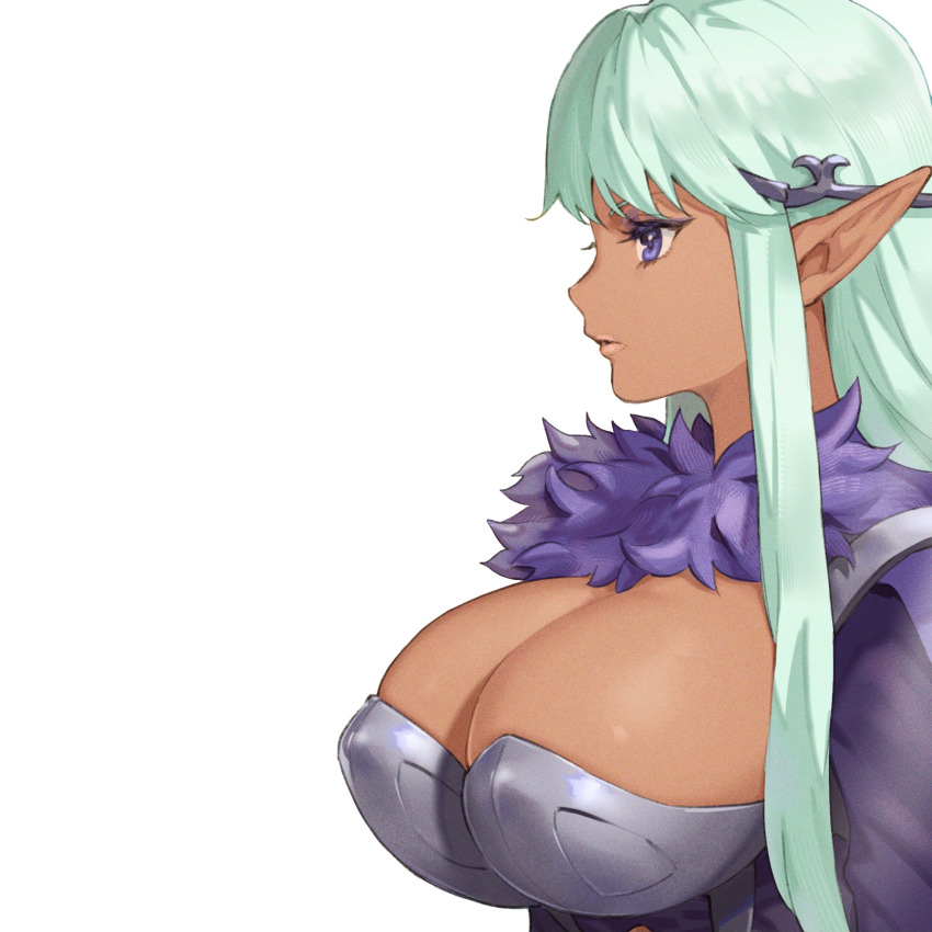 1girl armor bikini_armor breasts cleavage cropped dark-skinned_female dark_elf dark_skin elf from_side fur_trim green_hair highres large_breasts long_hair negative_space ouosoul pointy_ears purple_eyes railanor_(unicorn_overlord) resized revealing_clothes simple_background solo third-party_edit third-party_extraction unicorn_overlord upper_body very_long_hair white_background