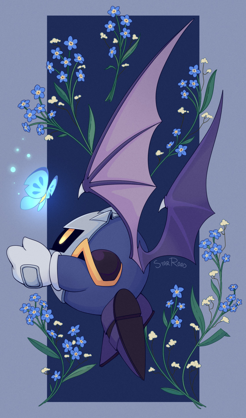 armor bat_wings blue_butterfly blue_flower bug butterfly butterfly_wings flower gloves glowing highres insect insect_wings kirby_(series) mask meta_knight nintendo no_humans pauldrons shoulder_armor signature starroad white_gloves wings yellow_eyes