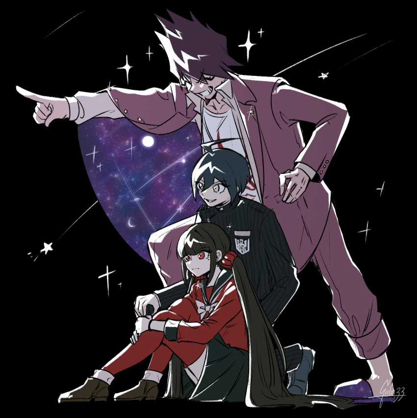 1girl 2boys ahoge black_background black_hair black_jacket blunt_bangs blush bow bowtie brown_hair buttons collared_jacket commentary danganronpa_(series) danganronpa_v3:_killing_harmony double-breasted facial_hair gaba33 goatee hair_between_eyes hair_ornament hair_scrunchie harukawa_maki highres jacket jacket_partially_removed kneeling knees_up long_hair long_sleeves looking_to_the_side low_twintails momota_kaito multiple_boys open_clothes open_jacket pants pleated_skirt pointing purple_facial_hair red_eyes red_scrunchie red_shirt red_thighhighs saihara_shuichi sailor_collar school_uniform scrunchie shirt shooting_star short_hair simple_background sitting skirt smile space_print standing starry_sky_print striped_clothes striped_jacket symbol-only_commentary thighhighs twintails vertical-striped_sleeves very_long_hair white_bow white_bowtie