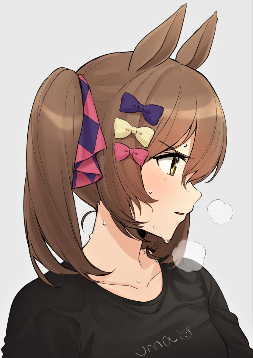 1girl absurdres animal_ears black_shirt bow breasts breath brown_hair clothes_writing collared_shirt grey_background hair_bow heavy_breathing highres horse_ears hukahito medium_breasts parted_lips profile shirt sidelocks simple_background smart_falcon_(umamusume) solo sweat twintails umamusume upper_body yellow_eyes